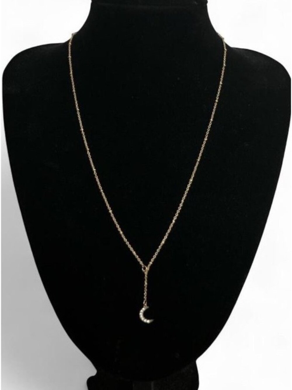 Gold Tone Crescent Moon Y Lariat Necklace Rhinestone Pendant